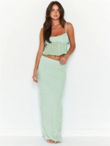 Light Green Halter Low Cut Top Chiffion Two Piece Casual Midi Dress
