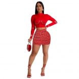 Red Long Sleeve Sexy Tops Diamonds Women Bodycon Mini Skirt Dress Sets