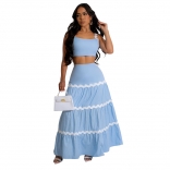 SkyBlue Straps Tops Two Pieces Women Waving Casual Holidays Skirt Maxi Dress