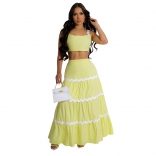 Yellow Straps Tops Two Pieces Women Waving Casual Holidays Skirt Maxi Dress