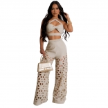 Beige Sleeveless Straps Tops Cut Out Sexy Women Pant Sets Jumpsuits