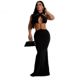 Black Sleeveless Hollow Out Straps Sexy Party Evening Prom Maxi Dress