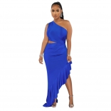 Blue Women's Sexy Cut Out Iregular Off-Shoulder Evening Pleated Prom Party Midi Dress
