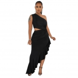 Black Women's Sexy Cut Out Iregular Off-Shoulder Evening Pleated Prom Party Midi Dress