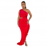 Red Women's Sexy Cut Out Iregular Off-Shoulder Evening Pleated Prom Party Midi Dress