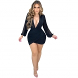 Black Mesh Long Sleeve Deep V Neck Pleated Club Party Mini Dress