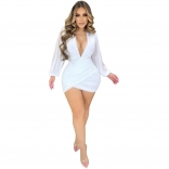 White Mesh Long Sleeve Deep V Neck Pleated Club Party Mini Dress