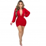 Red Mesh Long Sleeve Deep V Neck Pleated Club Party Mini Dress