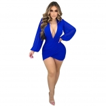 Blue Mesh Long Sleeve Deep V Neck Pleated Club Party Mini Dress