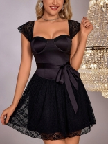 Black Sleeveless Low Cut Lace Sexy Party Gowns Skirt Dress