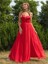 Red Straps Low Cut Sweety Mesh Sexy Pleated Fashion Maxi Dress