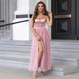Pink Straps Low Cut Sweety Mesh Sexy Pleated Fashion Maxi Dress