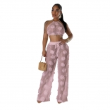 Pink Two Pieces Knitted Hollow Out See Through Sexy Pant Sets