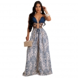 Blue Hollow Out Bandage Printed Sexy Party Jumpsuit Dress