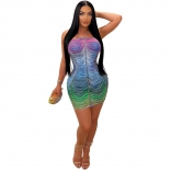 Blue Off Shoulder Mesh Rhinestones Bodycon Club Mini Dress