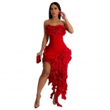 Red Off Shoulder Ruffles Tassel Irregular Party Club Dress