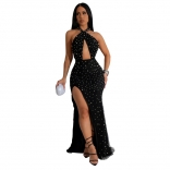 Black Halter Deep V Neck Hollow Out Pearls Sexy Prom Slit Maxi Dress