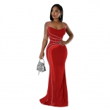 Red Off Shoulder Rhinestone Mesh See Through Bodycon Evening Maxi Dress