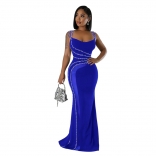 Blue Off Shoulder Rhinestone Mesh See Through Bodycon Evening Maxi Dress