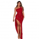 Red Sleeveless Rhinestones Prom Party Tassels Slit Evening Maxi Dress