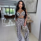 White Off Shoulder Sexy Tops Printed Pants Sets Dress