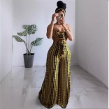 Yellow Off Shoulder Printed Two Pieces Women Pant Set Jumpsuits