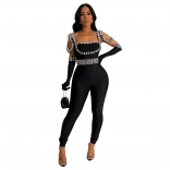 Black Straps Diamonds Bodycon Women Street Wear Sexy Jumpsuits