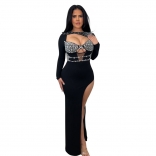 Black Long Sleeve Hollow Out Rhinestone Party Maxi Dress