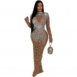 Khaki Mesh See Through Rhinestone Bodycon Luxury Wonen Formal Maxi Dress