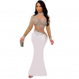 White Mesh Long Sleeve See Through Rhinestone Evening Prom Maxi Dress