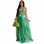 Green Straps Cut Out Printed Mesh Chiffon Casual Maxi Dress