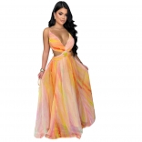 Orange Straps Cut Out Printed Mesh Chiffon Casual Maxi Dress