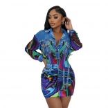 Blue Printed Lapel Long Sleeve Shirt Two Pieces Short Sets