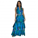 Blue Sleeveless V Neck Halter Printed Casual Women Ruffles Floral Dress