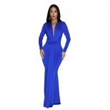 Blue Long Sleeve Deep V Neck Pleated Bodycon Prom Evening Maxi Dress