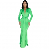 Green Long Sleeve Deep V Neck Pleated Bodycon Prom Evening Maxi Dress