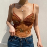 Brown Lace Printed Mesh Sexy Cute Coquette Crop Tops