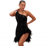 Black Sleeveless Irregular Sequins Feather Sexy Clubwear