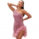 Pink Sleeveless Irregular Sequins Feather Sexy Clubwear
