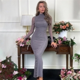 Purple Long Sleeve Mesh Pleated Lining Bodycon Luxury Midi Dress