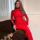Red Long Sleeve Mesh Pleated Lining Bodycon Luxury Midi Dress
