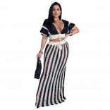 Black Two Pieces Knitting Striped Crop Top Casual Hollow Out Long Dress