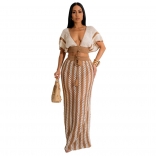 Khaki Two Pieces Knitting Striped Crop Top Casual Hollow Out Long Dress