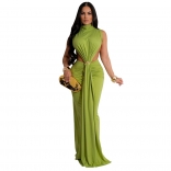 Green Sleeveless Hollow Out Pleated Elegant Prom Dress