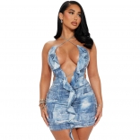 Blue Sexy Backless Halter Sequins Ruffles Bandage Party Mini Dress