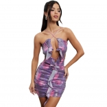 Purple Sexy Backless Halter Sequins Ruffles Bandage Party Mini Dress