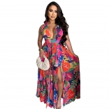 Red Sleeveless Deep V Neck Printed Slit Going Out Floral Dress