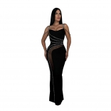 Black Straps Low Cut Sleeveless Diamonds Sexy Mesh Evening Party Formal Dress