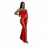 Red Straps Low Cut Sleeveless Diamonds Sexy Mesh Evening Party Formal Dress