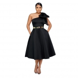 Black Sleeveless Solid Bow Shoulder Fashion Formal Prom Skirt Dress